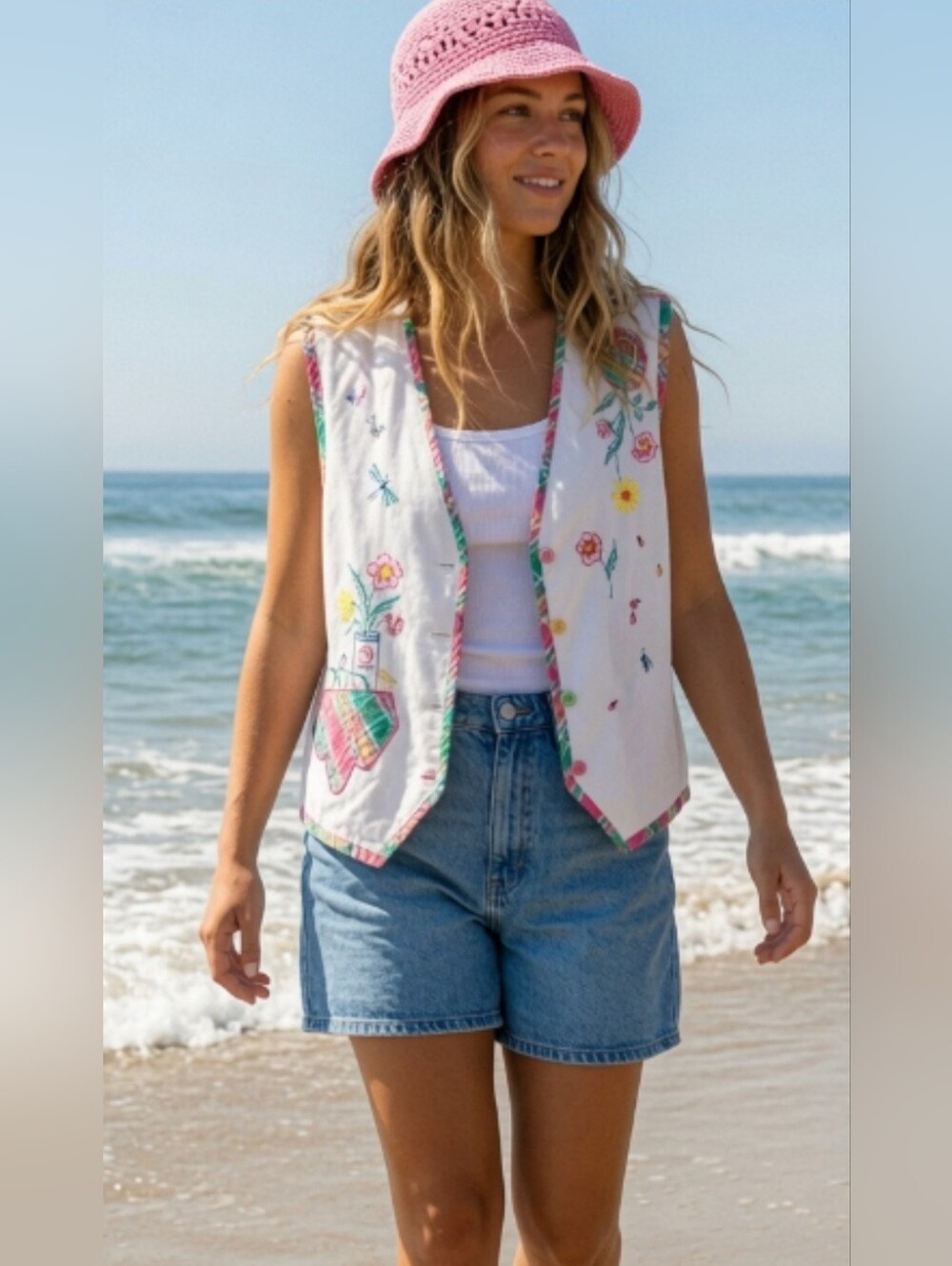 Napa Valley Med Embroidered Floral Vest Plaid Accents Button Front Cottage